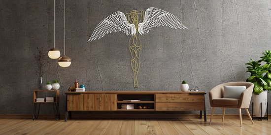 Unieke Handgemaakte Engel, Wanddecoratie, Kunst met 3D effect 70 x 92 cm Wit met Witte Vleugels