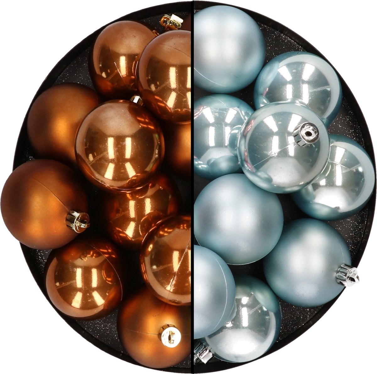 Kunststof kerstballen 6 cm - 24x stuks - bruin en lichtblauw