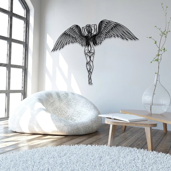 Unieke Handgemaakte Engel, Wanddecoratie, Kunst met 3D effect 50 x 67 cm Wit met Zwarte Vleugels