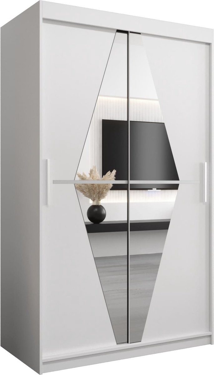 InspireME Kledingkast met 2 schuifdeuren, Modern-stijl, Een kledingkast met planken en een spiegel (BxHxD): 120x200x62 - BOLA 120 Wit Mat met 2 lades