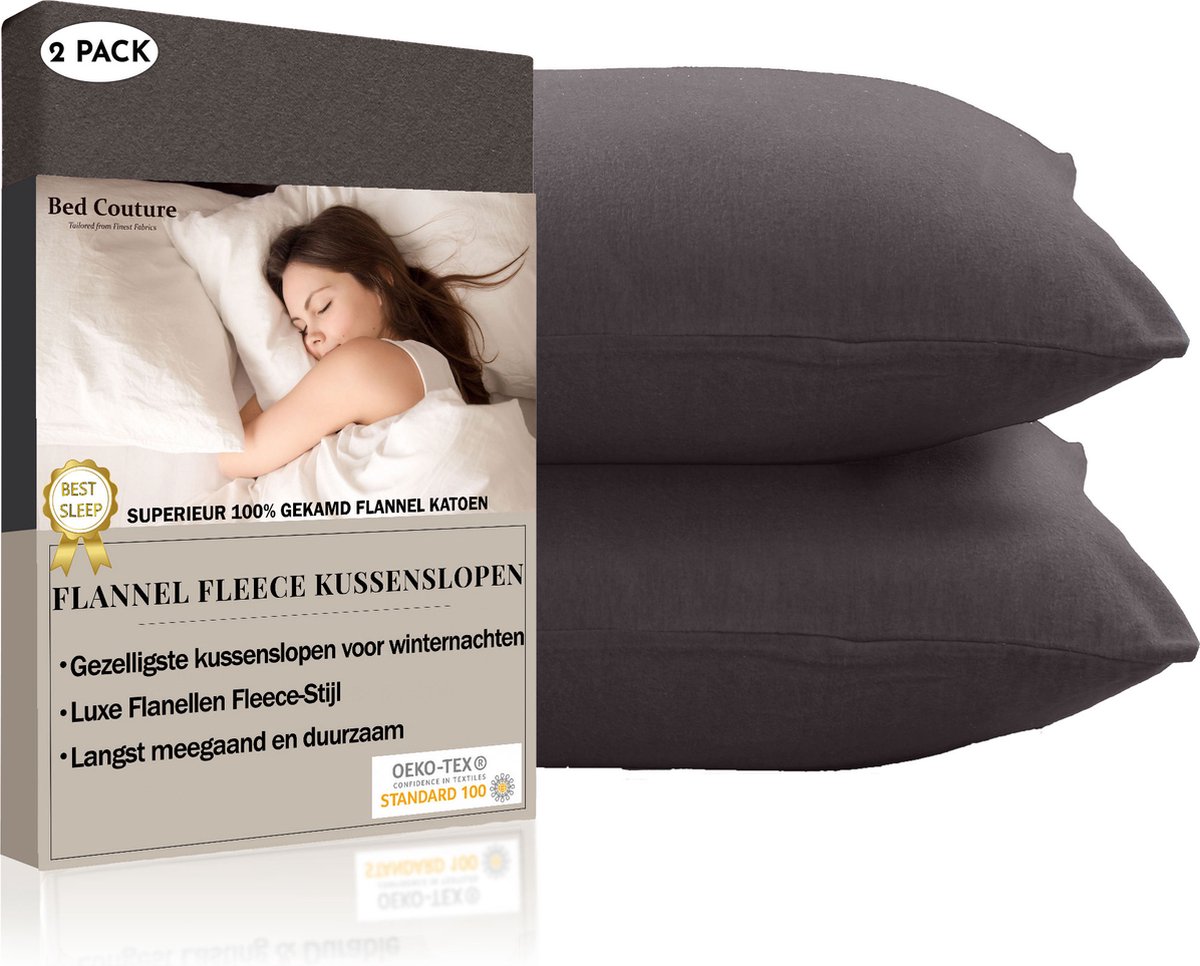 Bed Couture Flanel Fleece Kussenslopen - 100% Katoen Extra zacht en Warm - Set van 2 - 80x80 Cm - Antraciet