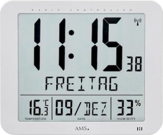 AMS F5884 - Wandklok - Tafelklok - Digitaal - Kunststof - Radiogestuurde tijdsaanduiding - LCD - Temperatuur - Vochtigheid - Zilverkleurig