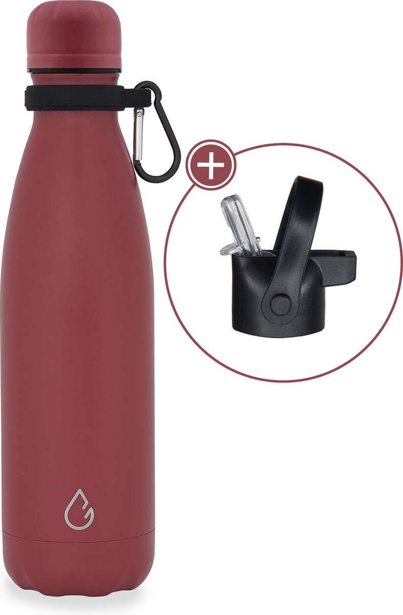 Wattamula Luxe design eco RVS drinkfles - burgundy - extra dop met rietje en carrier - 500 ml - waterfles - thermosfles - sport