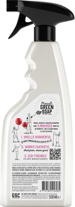 Achterkant van Marcel's Green Soap badkamerreiniger. Bevat de beloftes: ruikt heerlijk, werkt fantastisch, milieuvriendelijk.