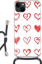 Geschikt voorApple Iphone 14 Plus - Crossbody Case - Een illustratie met hartjes in verschillende vormen - Siliconen - Crossbody - Backcover met Koord - Telefoonhoesje met koord - Hoesje met touw