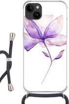Geschikt voorApple Iphone 14 Plus - Crossbody Case - Bloemen - Waterverf - Paars - Siliconen - Crossbody - Backcover met Koord - Telefoonhoesje met koord - Hoesje met touw
