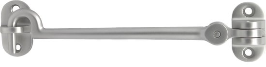 Mat roestvrijstalen windhaak 150mm met gebogen oog en scharnierende steun met twee schroefgaten.