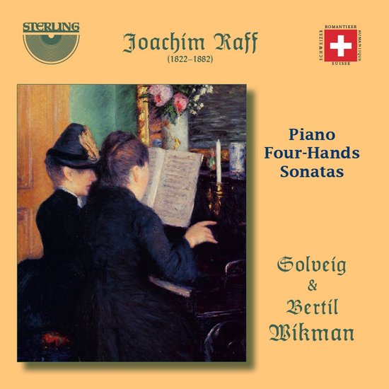 Schilderij van twee vrouwen met hoeden die samen pianospelen, met tekst 'Joachim Raff Piano Four-Hands Sonatas Solveig & Bertil Wikman'.