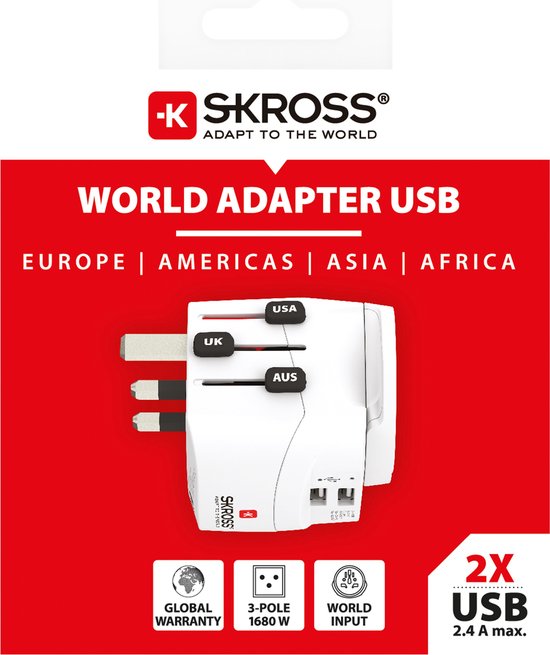 Verpakking van wereldstekker: Wit met rode opdruk. Met uitschuifbare stekkers voor UK, USA, AUS. 2x USB.