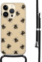 Hoesje met koord - Geschikt voor iPhone 14 Pro - Bijen print - Verstelbaar zwart koord - Zwart, Transparant - Print / Illustratie - Leuke Telefoonhoesjes