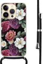Hoesje met koord - Geschikt voor iPhone 14 Pro - Flowers - Verstelbaar zwart koord - Transparant, Multi - Bloemen - Leuke Telefoonhoesjes