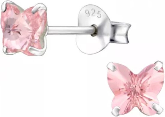 La Rosa Princesa Kleine roze Vlinder Oorbellen Zilver - Meisjes oorknoppen met kristal steentjes