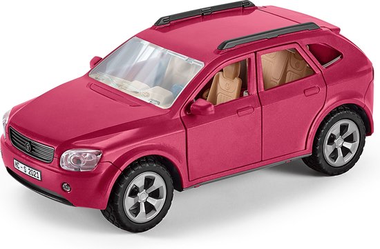 Rode speelgoed SUV met getinte ramen, imperiaal en zilverkleurige velgen.