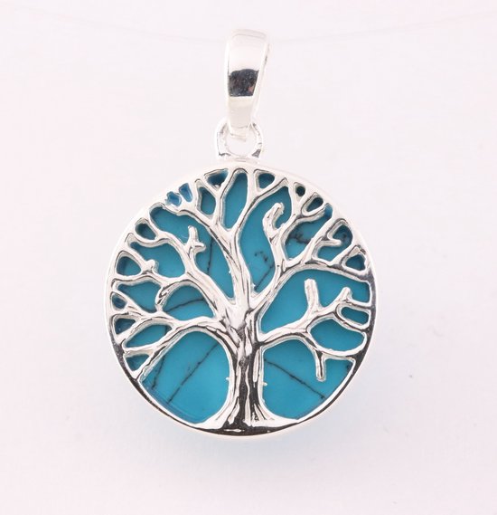 Pendentif rond en argent fin avec arbre de vie sur turquoise bleue