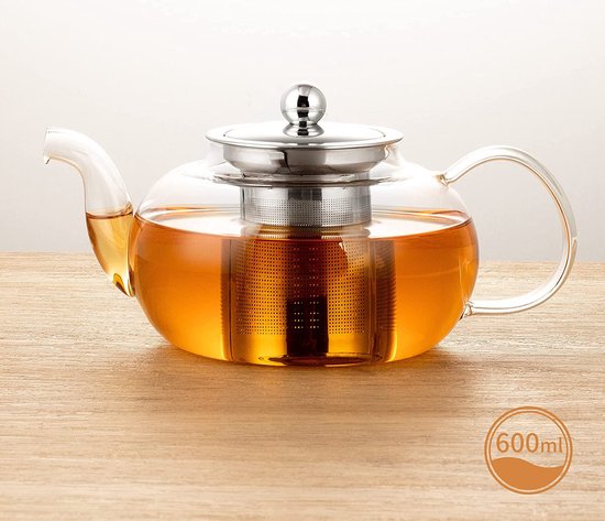 ecooe Glazen theepot met Theefilters,2000ml Theepot van glas met infuser, Borosilicaat-theepot met deksel voor theebloemen, losse thee en theezakjes, zilver