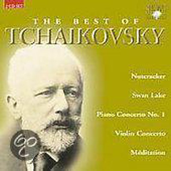 Cd-hoes met een portret van Tchaikovsky. "The Best of Tchaikovsky". Bevat "Nutcracker", "Swan Lake", "Piano Concerto No. 1", "Violin Concerto", "Méditation".