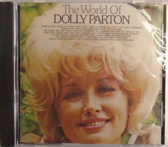 CD-hoes van The World of Dolly Parton, Vol. 1 met een foto van Dolly Parton met haar kenmerkende blonde haar.