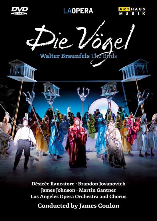 DVD hoes voor 'Die Vögel' van Walter Braunfels. Een podiumscène met vele artiesten in kleurrijke kostuums.