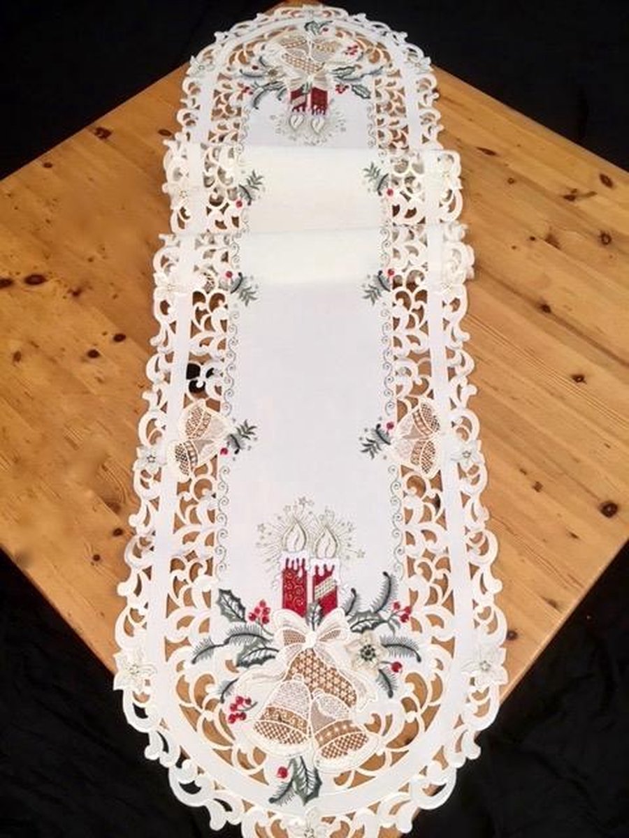 Kerstkleed - Creme met rode kaarsen en bel- Loper 170x40 cm
