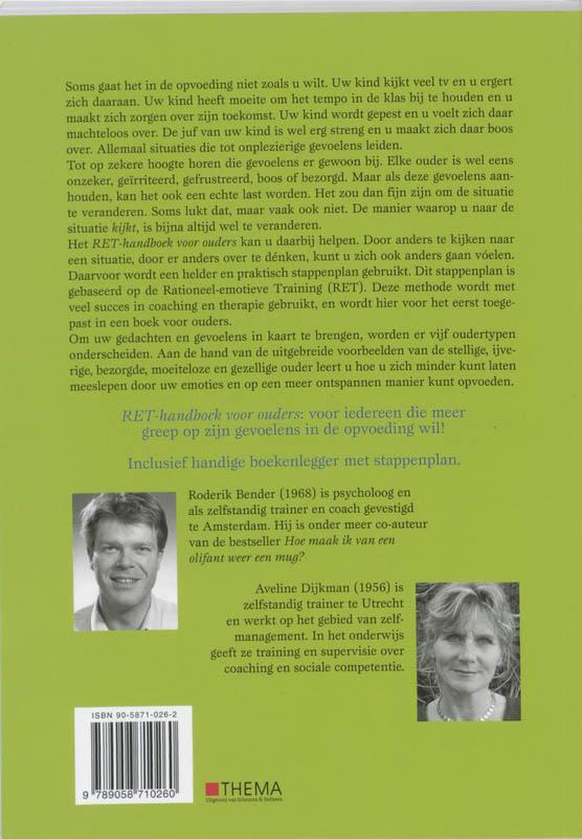 Achterkant van het boek 'RET-handboek voor ouders', met tekst en foto's van de auteurs Roderik Bender en Aveline Dijkstra.