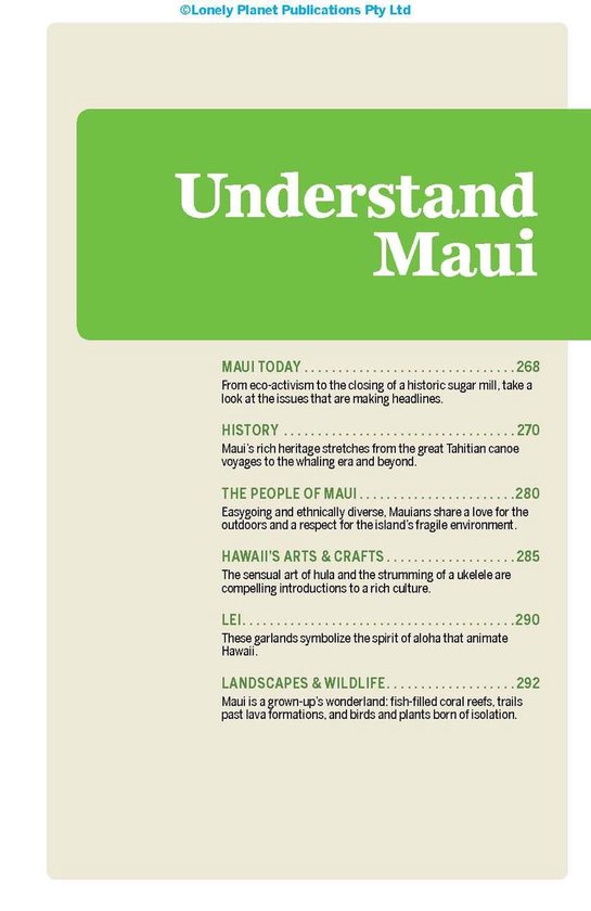 Titelpagina 'Understand Maui' met een groene achtergrond en de secties Maui Today, History, People, Arts & Crafts, Lei en Landscapes & Wildlife.
