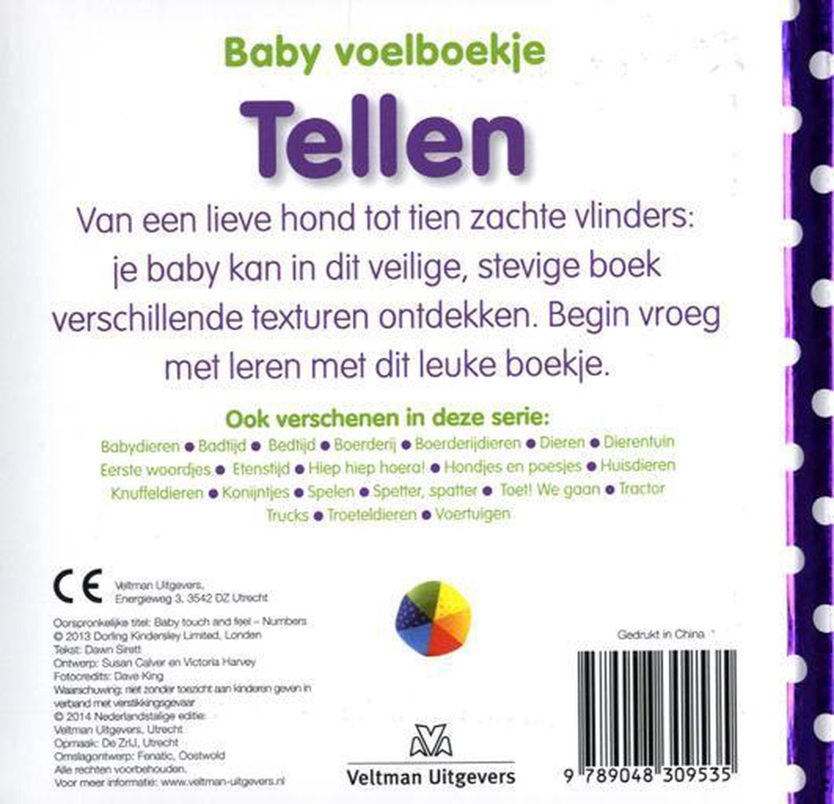 De achterkant van het Baby voelboekje Tellen, met CE-keurmerk en ISBN.
