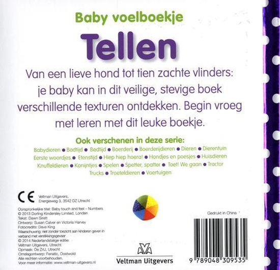 De achterkant van het Baby voelboekje Tellen, met CE-keurmerk en ISBN.