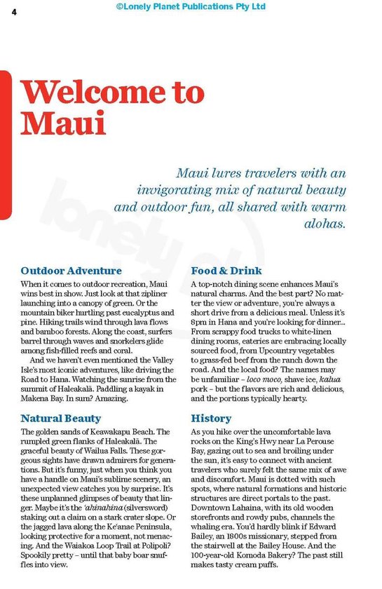 Pagina 'Welcome to Maui' met tekst over outdoor-avontuur, eten & drinken, natuurlijke schoonheid en geschiedenis.