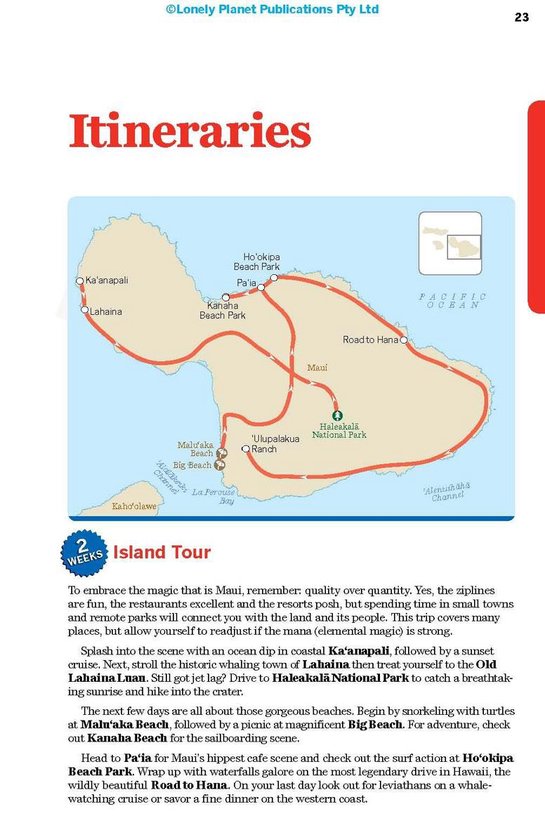Kaart van Maui met routes voor een 2 weken durende eilandtour, met belangrijke locaties zoals Ka'anapali en Haleakala National Park.