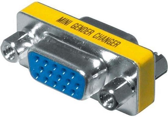 Un adaptateur Mini Gender Changer argenté avec une bande jaune et texte bleu 'MINI GENDER CHANGER'.