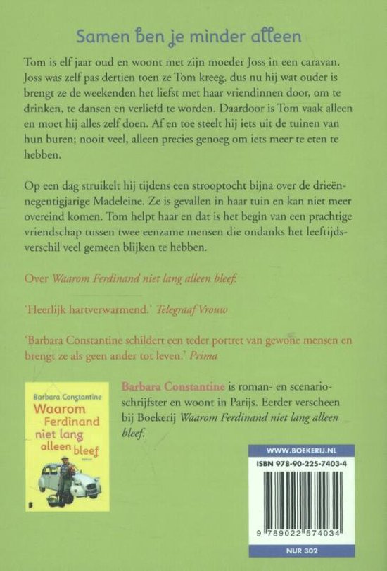 Boekomslag van 'Waarom Ferdinand niet lang alleen bleef' met een tekening van een auto en twee personen.