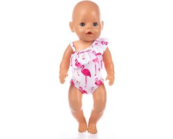 foto van Poppenkleertjes - Geschikt voor Baby Born - Flamingo badpak  - Zwemkleding -  Roze - Strandkleding - Zomer