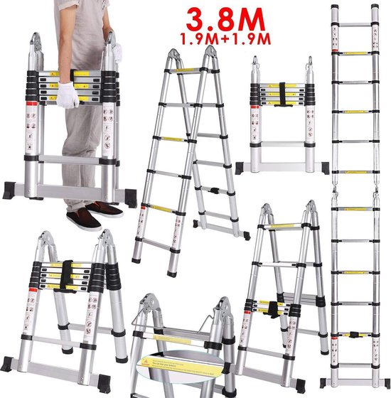 Absorberen brandwond werkelijk Telescopische ladder 12 treeds - Inklapbaar - Werkhoogte 3.80m | bol.com