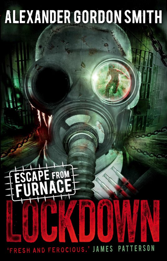 Boekomslag met een gasmasker, kettingen en de tekst 'ESCAPE FROM FURNACE LOCKDOWN'.