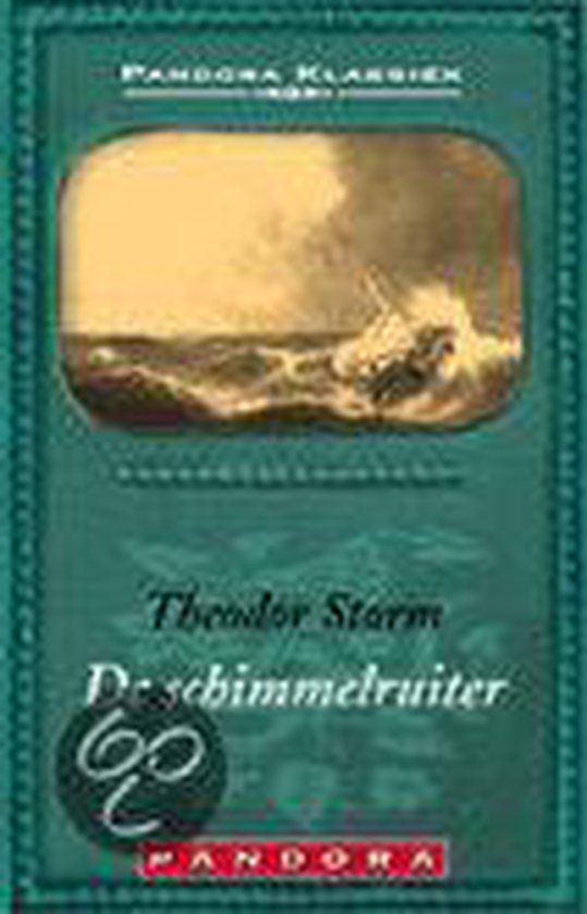 Boek 'De Schimmelruiter' van Theodor Storm, met een afbeelding van een schip op een woeste zee.