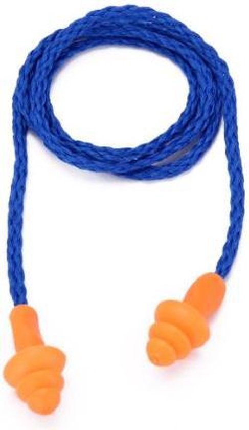 Oranje oordoppen met blauw koord.
