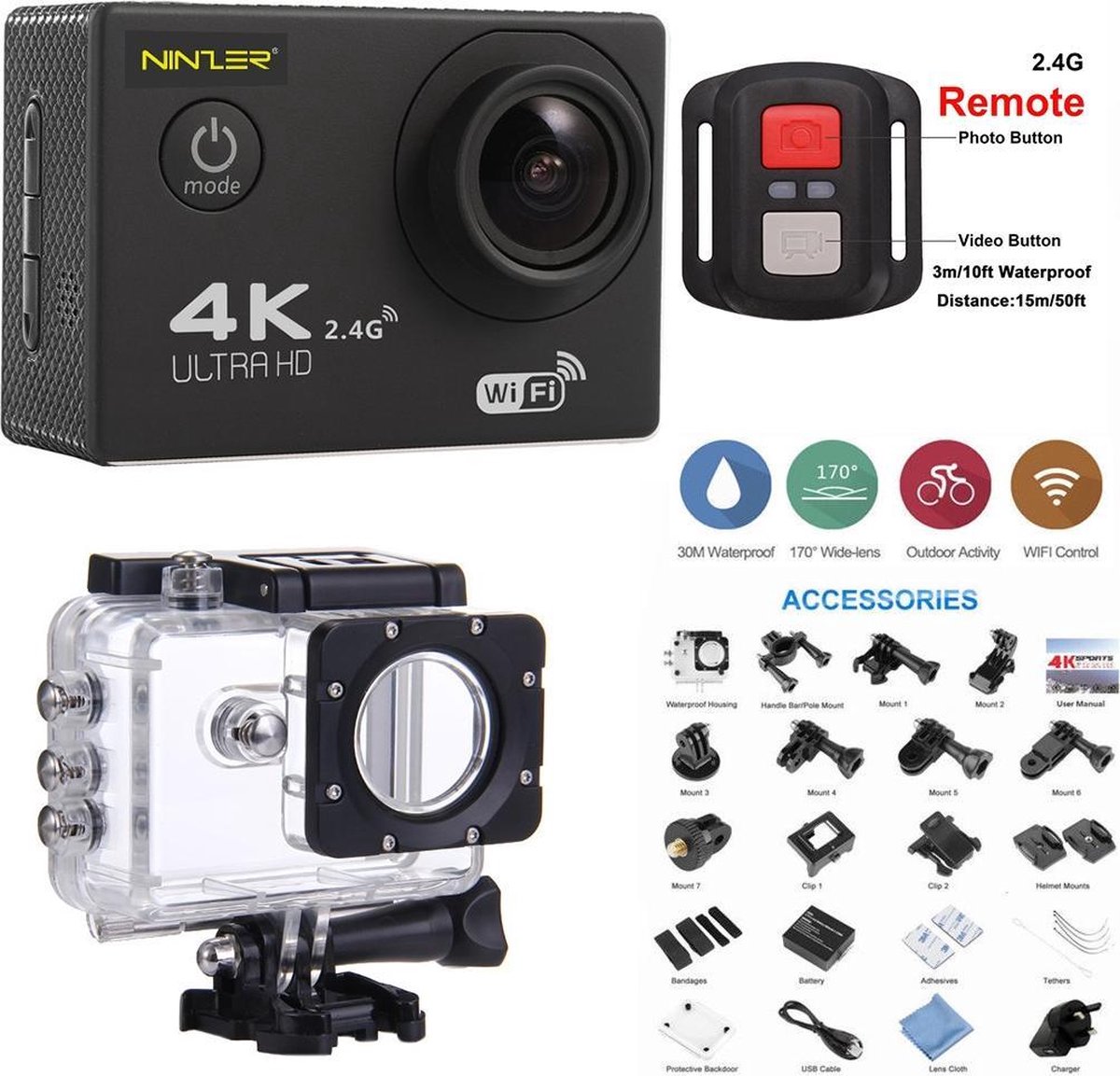 Ninzer Action Camera Ultra HD 4K WiFi 1080P/60fps 2.0 LCD inclusief afstandsbediening...