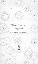 Boek kaft met tekst 'The Secret Agent' Joseph Conrad, Penguin English Library logo en abstracte blauwe cirkels op witte achtergrond.
