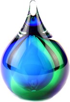 Glazen urn. Asbestemming. "Bubble" groen-blauw. 14 cm hoog.