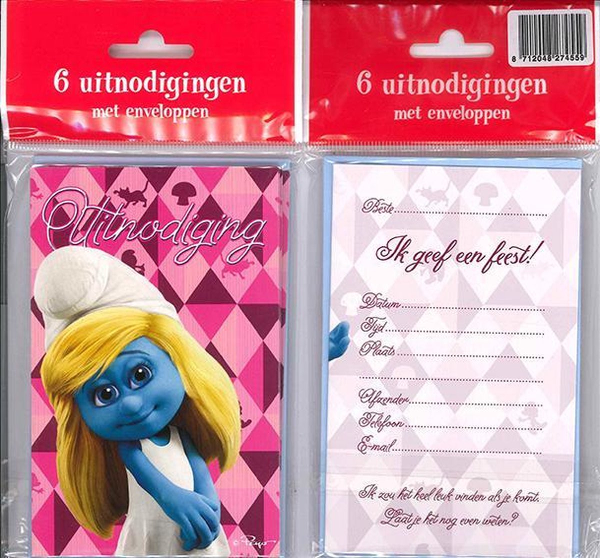 12 Uitnodigingskaartjes met envelop - Smurfin - 9 x 13.5 cm