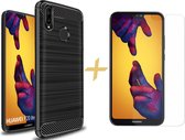 Hoesje geschikt voor Huawei P20 Lite Geborsteld - Zwart Rugged Armor + Screen Protector Tempered Glass - Case van iCall