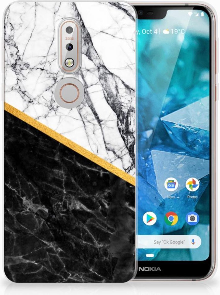 Nokia 7.1 TPU Siliconen Hoesje Marmer Wit Zwart - Origineel Cadeau Man