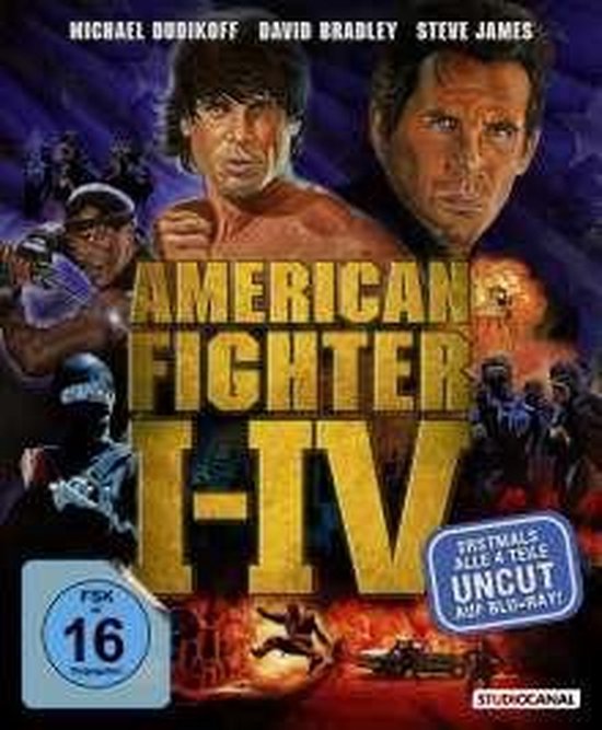 De poster van American Fighter 1-4 toont Michael Dudikoff, David Bradley en Steve James. Ook te zien zijn vechtende personen en explosies. FSK 16.