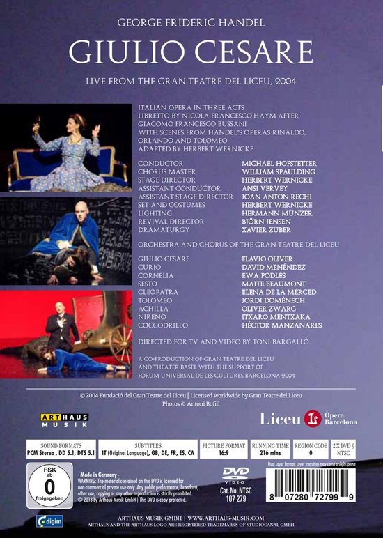 De achterkant van de DVD-hoes voor Giulio Cesare, met een castfoto's en details over de opera.