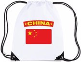 China nylon rijgkoord rugzak/ sporttas wit met Chinese vlag