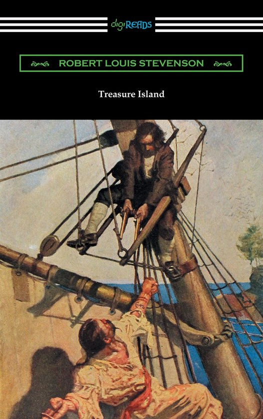 Boekomslag van 'Treasure Island' met een illustratie van N.C. Wyeth van twee mannen op een zeilboot.