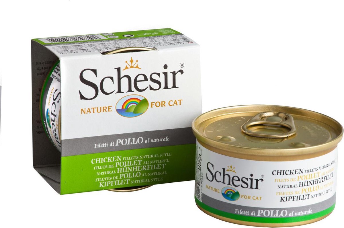 Schesir kipfilet (natural style) natvoer kat (blikjes 85 gram) 1 tray (14 x 85 g)