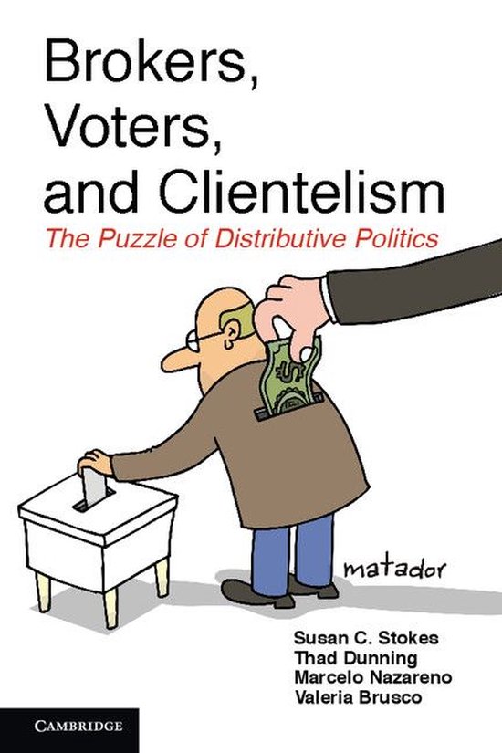 Boekomslag 'Brokers, Voters, and Clientelism' met cartoon van een hand die geld in de jas van een stemmer stopt.