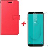 Etui Portefeuille Samsung Galaxy A7 2018 Rouge avec Protecteur d'Écran en Verre Trempé