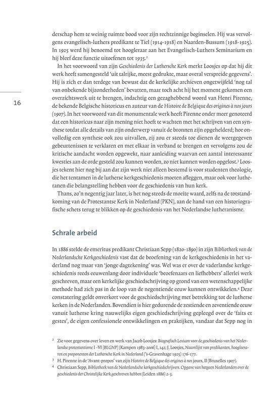 Pagina uit een boek met de titel 'Schrale arbeid' en informatie over de geschiedenis van lutheranen.